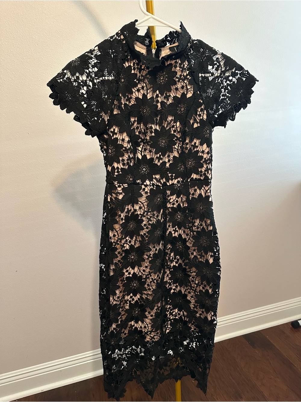 Lulu's Black Floral Lace Midi Dress with Nude Lining